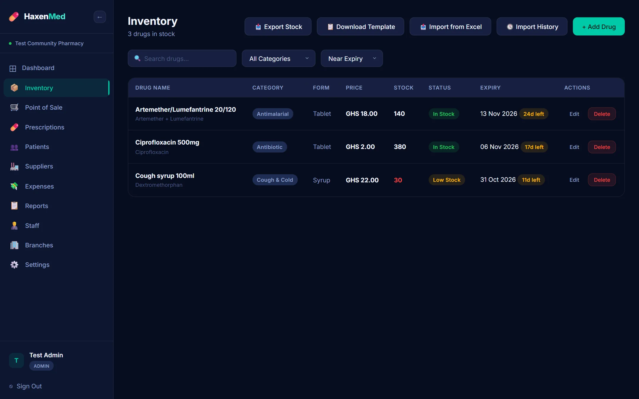HaxenMed inventory filtered to drugs expiring within 30 days.