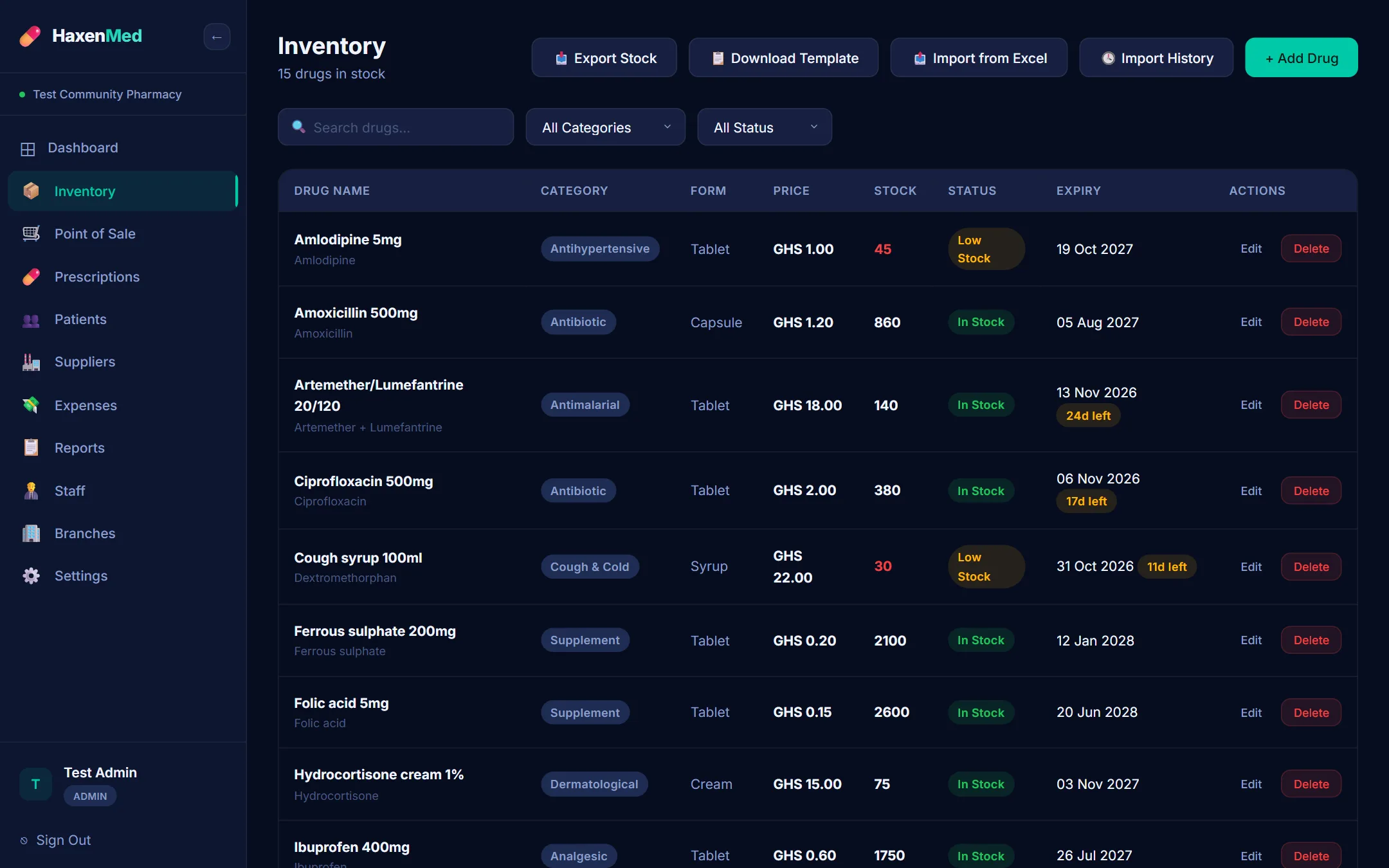HaxenMed inventory: each drug's batch, expiry date, stock and reorder level, with low stock and near-expiry marked.