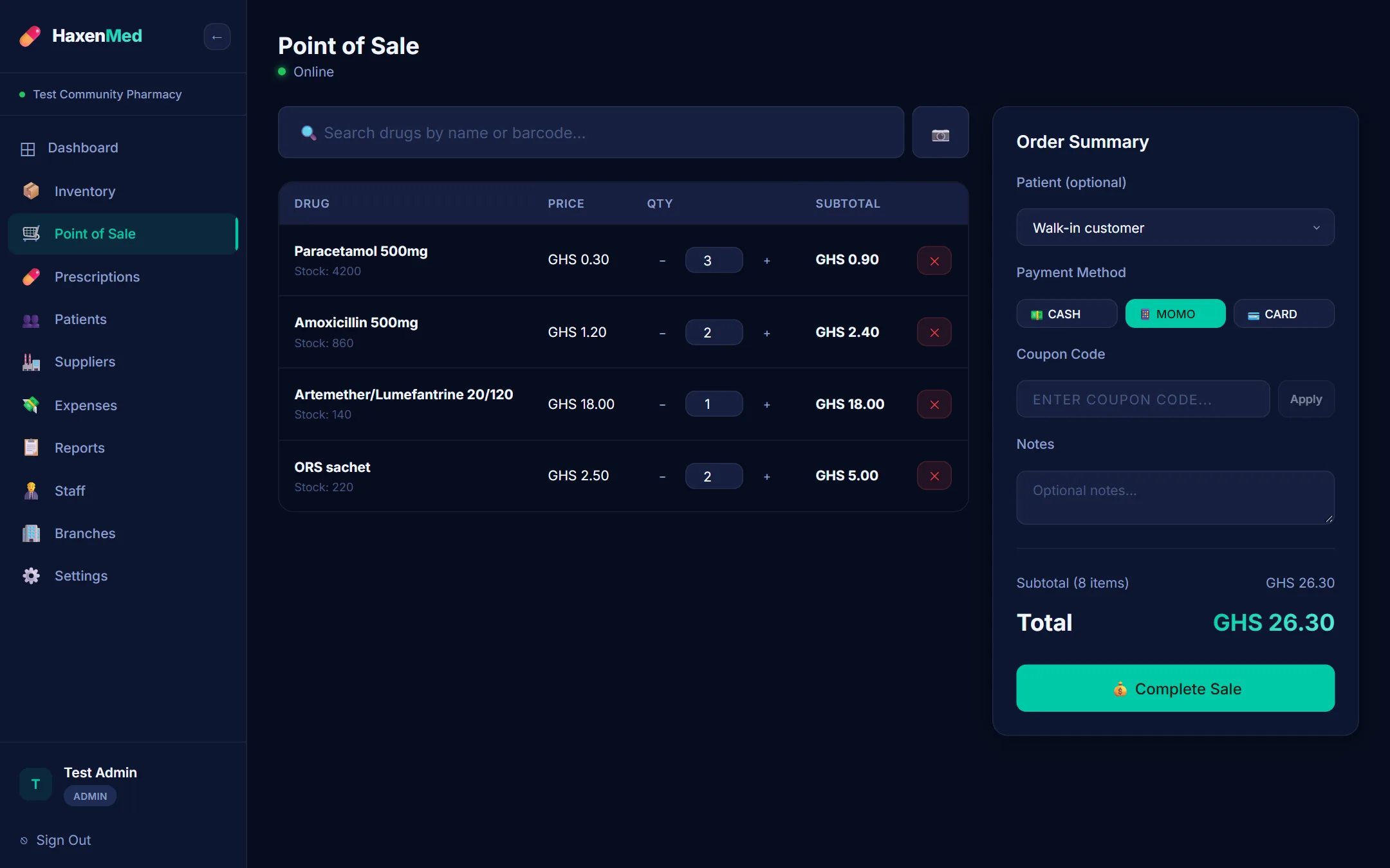 HaxenMed sales counter: drug search, the cart with quantities and prices, and payment by cash, MoMo or card.
